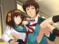  1boy blue_sailor_collar carrying female game_cg hairband kita_high_school_uniform kyon lowres sailor_collar school_uniform suzumiya_haruhi suzumiya_haruhi_no_tomadoi suzumiya_haruhi_no_yuuutsu winter_uniform 