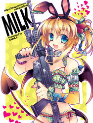  animal_ears bad_id bad_pixiv_id bat_wings blonde_hair blue_eyes bra collar demon_tail detached_sleeves female gun happy heart lingerie nail_polish original panties photoshop_(medium) pink_nails rabbit_ears rifle sana.c smile solo tail underwear weapon wings 