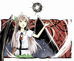  :o ahoge arms_up black_sun black_wings bowed_wings brown_hair commentary_request female long_hair looking_up open_mouth pink_eyes red_eyes reiuji_utsuho sergei_(pattundo) solo sun touhou white_hair wings 