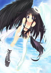  :o akiyama_mio angel angel_and_devil angel_wings asymmetrical_clothes asymmetrical_footwear asymmetrical_legwear bare_shoulders black_hair black_wings blue_eyes breasts cleavage cloud commentary_request day demon elbow_gloves female gloves halo highres k-on! kendo_(artist) kneehighs large_breasts long_hair mismatched_footwear navel photoshop_(medium) platform_footwear signature single_thighhigh sky socks solo thighhighs uneven_legwear white_thighhighs wings 