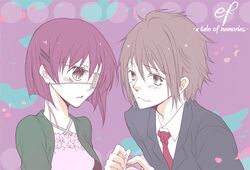  1boy :o asou_renji bad_id bad_pixiv_id brown_eyes brown_hair collarbone couple dress_shirt ef_(visual_novel) eyepatch female formal jewelry long_sleeves mamimi necklace necktie parted_lips pendant red_necktie shindou_chihiro shirt sidelocks straight suit upper_body 