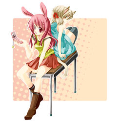  2girls animal_ears back-to-back bad_id bad_pixiv_id blonde_hair camisole cat_ears cellphone dress gag_manga_biyori hair_ornament hairclip long_hair multiple_girls nyanmi-chan phone pink_eyes pink_hair rabbit_ears seto_taichi short_hair sitting skirt usami-chan yellow_eyes 