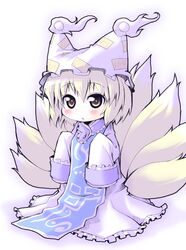  aged_down animal_hat blonde_hair blush commentary_request dress female fox_tail frilled_dress frills hat long_sleeves meta&#039;36 mob_cap multiple_tails oversized_clothes short_hair sleeves_past_wrists solo tabard tail tassel touhou white_background wide_sleeves yakumo_ran yellow_eyes 