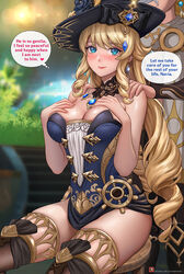  1boy 1girls aether_(genshin_impact) alexander_dinh blonde_hair blue_eyes breasts english_text female genshin_impact male navia_(genshin_impact) smile 