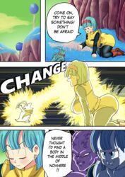  1boy 1girls alternate_breast_size axlexcima blue_eyes body_swap bulma_briefs bulma_briefs_(frieza_saga) captain_ginyu comic dragon_ball dragon_ball_z english_text huge_breasts namek page_15 speech_bubble third-party_edit turquoise_hair 