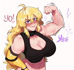  abs ahoge black_choker black_sports_bra blonde_hair blush bottomless breasts character_name choker cleavage clenched_hand commentary english_commentary female flexing hair_between_eyes hand_on_own_hip hentaly highres large_breasts lips long_hair looking_at_viewer mechanical_arms muscular muscular_female oerba_yun_fang out-of-frame_censoring prosthesis prosthetic_arm purple_eyes rwby single_mechanical_arm skin_fang solo sports_bra veins veiny_arms yang_xiao_long 