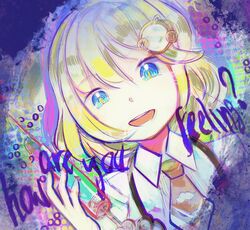  blonde_hair blue_eyes bob_cut collared_shirt english_text female hair_ornament hallucination highres hololive hololive_english looking_at_viewer medium_hair necktie open_mouth orange_necktie shirt smile solo stalkeralker syringe virtual_youtuber watson_amelia watson_amelia_(1st_costume) white_shirt 