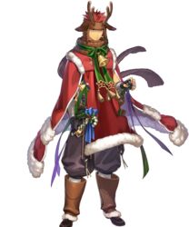  1boy alternate_costume animal_ears bandages bell boots bow bracelet candy candy_cane christmas christmas_ornaments dagger dark_skin deer_ears fingerless_gloves fire_emblem fire_emblem:_the_blazing_blade fire_emblem_heroes food full_body fur_trim gloves highres jaffar_(fire_emblem) jaffar_(winter)_(fire_emblem) jewelry knife male_focus red_eyes red_hair solo transparent_background weapon 