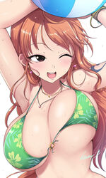  ;d arm_up armpits ball bangle bare_shoulders beachball bikini blush bracelet breasts brown_eyes cleavage covered_nipples earrings female floral_print green_bikini hat highres holding holding_ball imminent_wardrobe_malfunction jewelry kasai_shin large_breasts log_pose long_hair nami_(one_piece) navel necklace one_eye_closed one_piece open_mouth orange_hair print_bikini shoulder_tattoo signature simple_background smile solo swimsuit tattoo unaligned_breasts upper_body wet white_background 