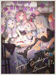  4girls azur_lane birthday birthday_cake birthday_party black_prince_(azur_lane) blush bow breasts cake cleavage cleavage_cutout clothing_cutout commentary dido_(azur_lane) dress food hair_between_eyes hairband hairbow hermione_(azur_lane) highres large_breasts long_hair manjuu_(azur_lane) multiple_girls nanam_(nanam_sk) pink_eyes pink_hair red_eyes ribbon shirt short_hair sirius_(azur_lane) white_dress white_hair 