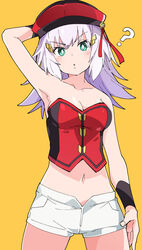  :o ? arm_behind_head armpits bare_shoulders breasts bright_pupils cleavage collarbone commentary_request female gundam gundam_exa gundam_extreme_vs._maxi_boost hair_ornament hairclip hat ixy looking_at_viewer medium_breasts midriff navel red_hat short_hair shorts simple_background solo sthesia_awar_acht white_hair white_pupils white_shorts yellow_background 