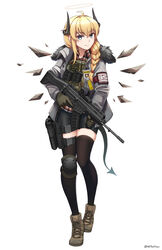  absurdres ahoge arknights assault_rifle bike_shorts black_shorts black_thighhighs blonde_hair blue_eyes blush boots braid brown_footwear brown_wings closed_mouth collared_shirt commentary cz_805_bren demon_girl demon_horns demon_tail detached_wings english_commentary female full_body grey_jacket gun hair_between_eyes hair_intakes hair_over_shoulder halo highres holding holding_gun holding_weapon horns indie_virtual_youtuber jacket long_hair magazine_(weapon) ndtwofives open_clothes open_jacket plaid plaid_shirt rifle shirt short_shorts shorts simple_background single_braid smile solo tail thighhighs thighhighs_under_boots virtual_youtuber weapon whiskey_project white_background wings 