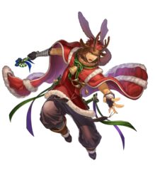  1boy alternate_costume animal_ears bandages bell boots bow bracelet candy candy_cane christmas christmas_ornaments dagger dark_skin deer_ears fingerless_gloves fire_emblem fire_emblem:_the_blazing_blade fire_emblem_heroes food full_body fur_trim gloves highres jaffar_(fire_emblem) jaffar_(winter)_(fire_emblem) jewelry knife male_focus open_mouth red_eyes red_hair solo teeth transparent_background weapon 