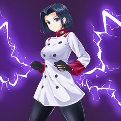  akatsuki_(akatsuki_blitzkampf) akatsuki_blitzkampf black_eyes black_gloves black_hair breasts chaesu electricity female genderswap_(mtf) gloves hair_intakes highres large_breasts lightning military military_uniform rule_63 short_hair solo uniform 