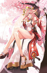  animal_ears ankle_bell artistic_error bare_legs bare_shoulders blush breasts cherry_blossoms commentary crossed_legs detached_sleeves earrings english_commentary falling_petals female floppy_ears fox_ears full_body genshin_impact hair_between_eyes hair_flaps hair_ornament hands_up hanh_chu high_heels highres holding japanese_clothes jewelry large_breasts legs long_hair low_ponytail okobo open_mouth petals pink_hair purple_eyes sandals shirt sideboob sidelocks sitting sleeveless sleeveless_shirt smile solo tassel toes tree turtleneck very_long_hair wide_sleeves wrong_foot yae_miko 