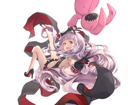  1other absurdres ankle_garter bad_id bad_pixiv_id bikini black_bikini black_cape black_footwear black_gloves cape commentary dampi double_v female flat_chest from_behind fur_trim galaktika gauntlets gloves grey_hair hairband high_heels highres hoshimiya_kate korean_commentary leg_up legs long_hair looking_back navel no_mask open_mouth red_eyes revealing_clothes sekai_seifuku:_bouryaku_no_zvezda shoes simple_background smile stuffed_toy swimsuit v venera-sama very_long_hair white_background 