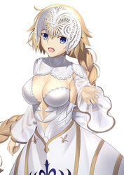  blonde_hair blue_eyes breasts center_opening dress fate/apocrypha fate/grand_order fate_(series) female headpiece highres jeanne_d&#039;arc_(fate) jeanne_d&#039;arc_(lostroom_outfit)_(fate) large_breasts long_hair long_sleeves looking_at_viewer mishiro_(ixtlolton) open_mouth outstretched_arm smile solo takeuchi_takashi_(style) very_long_hair white_dress 