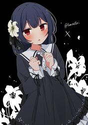  bad_id bad_twitter_id black_dress black_ribbon blush cowboy_shot dress female floral_background flower frilled_dress frills gothic_lolita hair_between_eyes hair_flower hair_ornament hair_ribbon idolmaster idolmaster_shiny_colors lolita_fashion long_sleeves looking_at_viewer medium_hair morino_rinze open_mouth red_eyes ribbon simple_background solo torinabe twitter_username white_flower 