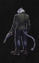  5:8 absurd_res anthro blue_eyes felid gun handgun hi_res jackson_hinds male mammal michael_brody muscular muscular_male pantherine ranged_weapon revolver simple_background solo the_devil_and_the_tiger tiger tndillustration weapon 