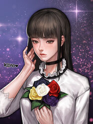  absurdres artist_name bad_id bad_pixiv_id black_choker blunt_bangs breasts brown_eyes brown_hair choker closed_mouth collar commentary_request commission eyelashes female flower frilled_collar frills hand_up heart highres holding holding_flower kidmo korean_commentary leaf lips long_hair looking_away medium_breasts nose original purple_flower purple_rose red_flower red_rose rose shirt short_sleeves sidelocks sky solo space star_(sky) starry_sky straight_hair upper_body white_flower white_rose yellow_flower yellow_rose 