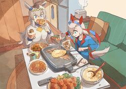  2girls ahoge animal_ears bad_id bad_twitter_id blue_eyes blue_jacket blue_shirt bottle bowl chicken_(food) closed_mouth commentary_request controller cooking couch cup eating food fork fried_chicken grey_hair griddle hairband holding holding_bowl holding_fork holding_spatula horse_ears horse_girl horse_tail indoors jacket ladle long_hair long_sleeves motoyama_torazirou multicolored_hair multiple_girls oguri_cap_(umamusume) okonomiyaki open_mouth pillow remote_control rice_cooker rug shirt sitting smile spatula steam sweater tail tamamo_cross_(umamusume) two-tone_hair umamusume watermark 