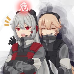  2girls act_(xadachit) aura behind_another black_gloves blonde_hair charolic_(girls&#039;_frontline_2) closed_mouth crossed_arms dark_aura english_commentary evil_smile girls&#039;_frontline girls&#039;_frontline_2:_exilium gloves grey_hair hair_between_eyes headset highres holding holding_knife knife long_hair long_sleeves looking_to_the_side military military_uniform multiple_girls open_mouth ots-14_(girls&#039;_frontline) red_eyes sekiro:_shadows_die_twice shaded_face smile teeth translated uniform upper_body upper_teeth_only 