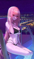  absurdres bad_id bad_pixiv_id bare_arms bare_shoulders bikini black_bikini black_choker blonde_hair breasts choker chromatic_aberration city_lights cleavage closed_mouth commentary_request commission cream_(cream) criss-cross_halter earrings female halterneck hand_up highres jewelry large_breasts long_hair looking_at_viewer mohaka_(m_0haka) mole mole_under_eye multi-strapped_bikini navel night o-ring o-ring_bikini original poolside red_eyes rooftop sitting smile solo stomach string_bikini swimsuit thighs very_long_hair water wet 