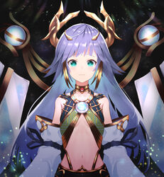  aqua_eyes arm_ribbon bare_shoulders blunt_bangs breasts center_opening choker circlet clothing_cutout collarbone commentary_request crowned_by_the_world_chalice detached_sleeves detached_wings duel_monster female gold_trim hair_flaps headpiece highres ib_(yu-gi-oh!) ib_the_world_chalice_justiciar light_frown light_particles light_purple_hair light_rays long_hair looking_at_viewer navel nukenin purple_hair ribbon sideboob sidelocks sky small_breasts solo star_(sky) starry_sky stomach_cutout upper_body white_sleeves wide_sleeves wings yu-gi-oh! 