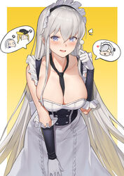  alternate_costume apron azur_lane bare_shoulders belfast_(azur_lane) belfast_(azur_lane)_(cosplay) between_breasts black_necktie blonde_hair blue_eyes blush border breasts cleavage commentary cosplay duan_henglong duplicate enmaided enterprise_(azur_lane) female frills hat heart heart-shaped_pupils highres hornet_(azur_lane) large_breasts long_sleeves looking_at_viewer low_neckline maid maid_apron maid_headdress mimikaki necktie necktie_between_breasts open_mouth photoshop_(medium) pixel-perfect_duplicate skull solo symbol-shaped_pupils white_border white_hair yellow_background yorktown_(azur_lane) 