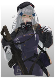  artist_name assault_rifle bag beret breasts female girls&#039;_frontline gloves green_eyes gun h&amp;k_hk416 hat highres hk416_(girls&#039;_frontline) holding holding_weapon knife_sheath long_hair looking_at_viewer medium_breasts open_mouth rifle sheath solo sutekina_awa uniform weapon white_background white_gloves white_hair 