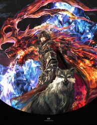  1boy absurdres armor black_hair breath_weapon breathing_fire clive_rosfield crystal facial_tattoo final_fantasy final_fantasy_xvi fire glowing glowing_eyes grey_wolf highres horns ifrit_(final_fantasy) looking_at_viewer monster standing tattoo torgal_(ff16) tsuyomaru wolf 