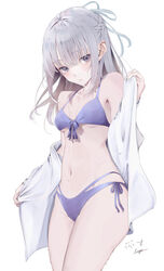  absurdres aqua_ribbon armpit_crease bare_shoulders bikini blush breasts chunithm cowboy_shot female front-tie_top grey_hair groin halterneck highres holding holding_clothes holding_shirt irodorimidori kisaragi_yaya kobotoke_nagi long_hair long_sleeves looking_down multi-strapped_bikini navel open_clothes open_shirt parted_lips purple_bikini purple_eyes ribbon shirt side-tie_bikini_bottom signature simple_background small_breasts solo stomach swimsuit thighs wet white_background white_shirt 