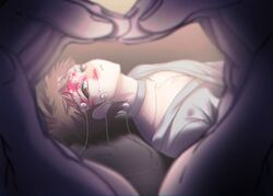  1boy 1other blood blood_on_face blurry blurry_foreground brown_eyes brown_hair cable choker collarbone commentary_request danganronpa_(series) danganronpa_2:_goodbye_despair facial_mark female gwanlamcha heart heart_hands hinata_hajime hospital_gown looking_at_viewer lying on_back parted_lips pink_blood short_hair solo_focus upper_body white_choker 