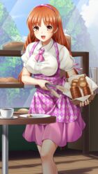  :d apron blush braid bread breasts brown_eyes brown_hair checkered_apron checkered_clothes collared_shirt doukyuusei doukyuusei_another_world dress_shirt female food freckles game_cg hairband holding large_breasts leaning_forward long_hair long_sleeves low_twintails medium_skirt nishina_kurumi open_mouth pink_hairband pink_skirt purple_apron shirt skirt smile solo standing twin_braids twintails very_long_hair white_shirt wing_collar 