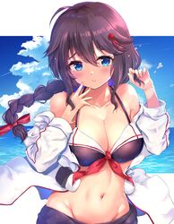  absurdres ahoge bikini black_bikini blue_eyes blush braid breasts brown_hair cleavage collarbone female groin hair_between_eyes hair_flaps highres jacket kantai_collection long_hair long_sleeves medium_breasts navel o-sirius ocean open_clothes open_jacket shigure_(kancolle) shigure_kai_ni_(kancolle) single_braid solo swimsuit upper_body white_jacket 