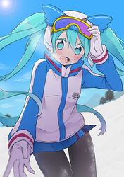  alternate_costume aqua_eyes aqua_hair azurite0012 backlighting black_pantyhose blue_jacket blurry blurry_background blush commentary cowboy_shot female gloves goggles hatsune_miku hill jacket lens_flare looking_at_viewer outdoors owl_hat pantyhose ski_goggles snow solo sun sweat track_jacket tree twintails variant_set vocaloid white_gloves white_headwear yuki_miku yuki_miku_(2016) 