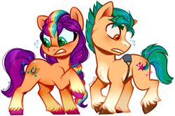  2023 brown_eyes brown_hooves cutie_mark duo earth_pony equid equine esmeia eyelashes female feral fetlocks fur green_eyes green_hair green_mane green_tail hair hasbro hitch_trailblazer_(mlp) hooves horse leg_tuft male mammal mane mlp_g5 multicolored_mane my_little_pony orange_body orange_fur pink_hooves pony purple_hair purple_mane purple_tail raised_hoof simple_background sunny_starscout_(mlp) tail teeth tuft white_background yellow_body yellow_fur 