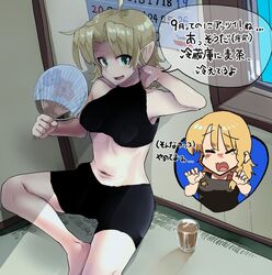  2girls ahoge arm_up bike_shorts black_clothes black_sports_bra blonde_hair blue_background breasts calendar_(object) closed_eyes cookie_(touhou) corner crack cracked_wall cup eyes_visible_through_hair floral_print foot_out_of_frame fuka_(kantoku) glass green_eyes hand_fan hand_on_own_neck highres joker_(cookie) kirisame_marisa medium_breasts midriff mizuhashi_parsee multiple_girls navel oerba_yun_fang open_mouth paper_fan pointy_ears shadow skin_fang speech_bubble sports_bra suzu_(cookie) toshiba touhou translation_request window 