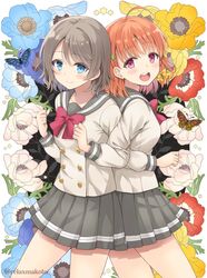  2girls :d ahoge anemone_(flower) back-to-back blue_eyes blue_flower blush bow bowtie braid bug butterfly buttons clenched_hands clover_hair_ornament commentary_request cowboy_shot double-breasted floral_background flower grey_hair grey_sailor_collar grey_skirt hair_ornament hairbow hands_up light_brown_hair locked_arms long_sleeves looking_at_viewer love_live! love_live!_sunshine!! miniskirt multiple_girls open_mouth orange_hair pleated_skirt red_bow red_bowtie red_eyes red_flower sailor_collar sakurai_makoto_(custom_size) school_uniform short_hair side_braid skirt smile star_(symbol) takami_chika twitter_username uranohoshi_school_uniform watanabe_you wavy_hair white_flower yellow_bow yellow_flower 