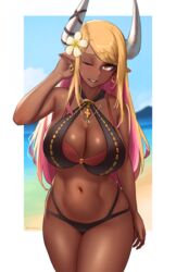  beach belly bikini black_bikini blonde_hair blush breasts cleavage colored_inner_hair cowboy_shot cross dark-skinned_female dark_skin draph earrings female flower granblue_fantasy hair_flower hair_ornament highres horn_ornament horn_ribbon horns jewelry kumbhira_(granblue_fantasy) kumbhira_(summer)_(granblue_fantasy) large_breasts layered_bikini long_hair looking_at_viewer multi-strapped_bikini multicolored_hair navel o-ring o-ring_bikini o-ring_top official_alternate_costume one_eye_closed outdoors outside_border parted_lips pink_bikini pink_hair pointy_ears ribbon roresu seductive_smile smile solo swept_bangs swimsuit tucking_hair twitter_username two-tone_hair yellow_eyes 