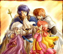  2boys 2girls blue_hair brother_and_sister brown_hair cape closed_eyes couple deirdre_(fire_emblem) dress ethlyn_(fire_emblem) fire_emblem fire_emblem:_genealogy_of_the_holy_war hand_on_own_chin hand_on_own_hip hand_on_shoulder husband_and_wife light_purple_hair long_hair multiple_boys multiple_girls open_mouth own_hands_together pink_hair ponytail purple_eyes quan_(fire_emblem) red-50869 short_hair siblings sigurd_(fire_emblem) skirt smile staff straight 