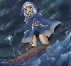  :d alloyrabbit animal_hood bike_shorts blue_eyes blue_hair blush boat cameltoe cloud cloudy_sky collarbone commentary dutch_angle english_commentary female fishing_line from_below gawr_gura gawr_gura_(1st_costume) giant giantess highres hololive hololive_english hood lightning long_hair open_mouth outdoors rain shark_hood sharp_teeth sky sleeves_past_fingers sleeves_past_wrists smile storm teeth underwear uvula virtual_youtuber water watercraft waves 