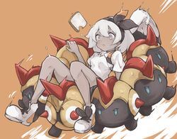  absurdres bea_(pokemon) bread bread_slice carrying commentary dark-skinned_female dark_skin falinks female food food_bite grey_eyes grey_hair hairband highres kintsuba_(garapagosukkk) late_for_school pokemon pokemon_(creature) pokemon_swsh shirt toast white_shirt 