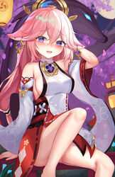  :d absurdres animal_ears arm_behind_head arm_support ass barefoot blush breasts cherry_blossoms commentary detached_sleeves earrings female fox_ears fox_girl fox_statue genshin_impact hair_between_eyes hair_ornament highres japanese_clothes jewelry knees_up lantern long_hair long_sleeves looking_at_viewer mitsudomoe_(shape) no_panties nontraditional_miko petals pink_hair purple_eyes ribbon-trimmed_sleeves ribbon_trim sideboob sidelocks sitting smile solo tomoe_(symbol) vision_(genshin_impact) wide_sleeves yae_miko yuki_(best010409) 