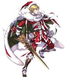  1boy aged_down alternate_costume bag bell belt blonde_hair boots bow cape christmas christmas_ornaments fire_emblem fire_emblem:_the_blazing_blade fire_emblem_heroes fox fujisaka_kimihiko full_body fur_trim gloves hat highres injury leaf male_focus official_art santa_costume santa_hat solo stuffed_fox sword teeth torn_clothes transparent_background weapon yellow_eyes zephiel_(fire_emblem) zephiel_(winter)_(fire_emblem) 