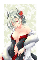  :o absurdres ahoge aqua_hair artist_name bare_shoulders braid breasts cleavage clothes_pull collarbone dress dress_pull earrings female flower french_braid fur-trimmed_dress fur_trim girls&#039;_frontline hair_flower hair_ornament highres hizuki.kaze japanese_clothes jewelry large_breasts long_hair looking_at_viewer ltlx_7000_(dancing_shrine_maiden)_(girls&#039;_frontline) ltlx_7000_(girls&#039;_frontline) miko mole mole_on_breast mole_on_neck navel official_alternate_costume open_clothes open_mouth parted_lips red_eyes simple_background solo standing 