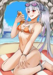  bare_shoulders beach bikini blush breasts cleavage collarbone day eyewear_on_head fate/grand_order fate_(series) female highres inugami86 kama_(fate) long_hair looking_at_viewer lotion_bottle medium_breasts multi-strapped_bikini open_mouth orange_bikini outdoors ponytail red_eyes sitting smile solo sunglasses swimsuit wariza white_bikini white_hair 