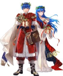  1boy alternate_costume bag bell blue_eyes blue_hair boots bow brother_and_sister cape christmas christmas_ornaments elice_(fire_emblem) elice_(winter)_(fire_emblem) female fingerless_gloves fire_emblem fire_emblem:_mystery_of_the_emblem fire_emblem_heroes full_body fur_trim gift gloves highres leaf long_hair marth_(fire_emblem) marth_(winter)_(fire_emblem) mayo_(becky2006) official_art open_mouth siblings teeth tiara transparent_background 