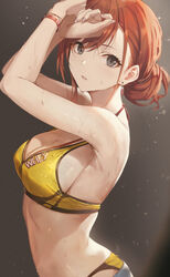  arisugawa_natsuha armpits arms_up bare_shoulders blush bracelet breasts cleavage commentary earrings female fingernails grey_background grey_eyes grey_nails hair_up highres idolmaster idolmaster_shiny_colors jewelry large_breasts long_hair looking_at_viewer nail_polish parted_lips red_hair sideboob sola_(solo0730) solo sports_bra sweat upper_body yellow_sports_bra 