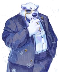  2021 anthro bear borealis_(live_a_hero) bottomwear clothing fur hi_res humanoid_hands itohiro0305 kemono lifewonders live_a_hero male mammal overweight overweight_male pants polar_bear simple_background solo ursine white_background white_body white_fur 